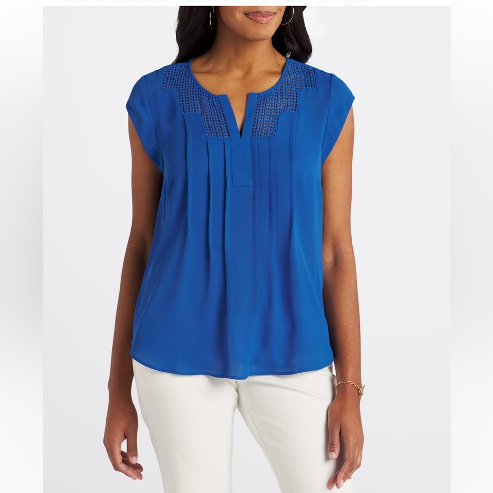 DANIEL RAINN Estefany Lace Detail Split Neck Blouse Blue Sleeveless Women's Top